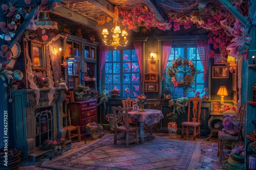 Cozy, whimsical room filled with flowers and vintage decor under soft lighting