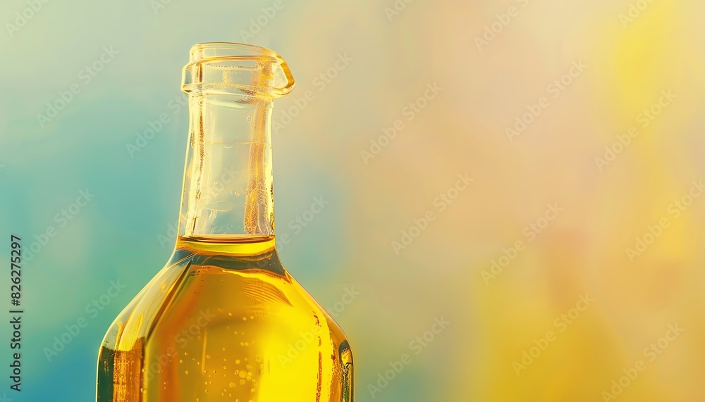 Closeup of a glass bottle with olive oil, soft pastel background, soft lighting Closeup of a glass bottle with olive oil, soft pastel background, soft lighting