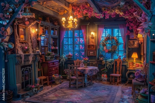 Cozy, whimsical room filled with flowers and vintage decor under soft lighting © anatolir