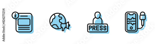 Set line Journalist news, Information, World and Mobile recording icon. Vector