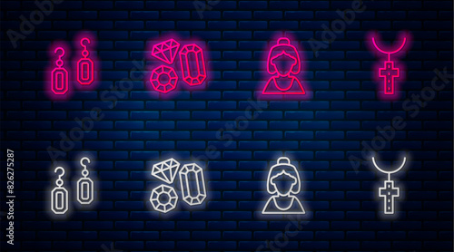 Set line Gem stone, Consultant of jewelry store, Earrings and Christian cross chain. Glowing neon icon on brick wall. Vector