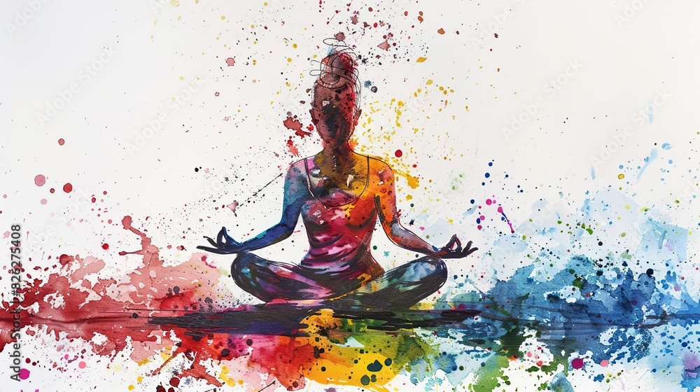 Painting of a woman sitting cross-legged in a meditation position with ...