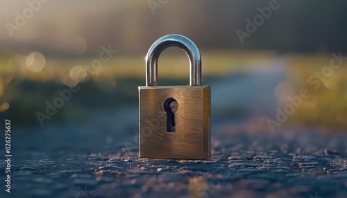 A single padlock sits on a gravel path, bathed in soft morning light.  The lock is closed, symbolizing security and privacy. photo