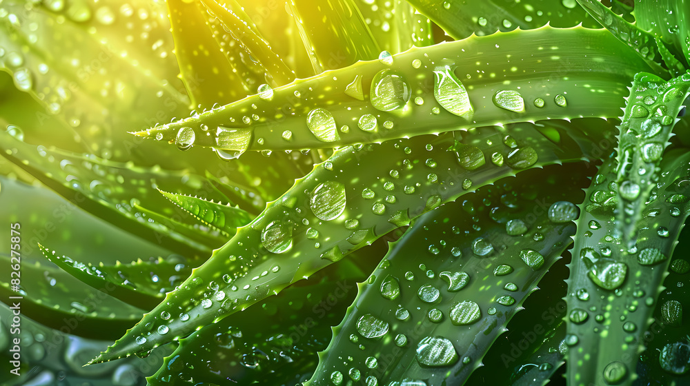 Aloe vera background, cosmetic banner with fresh green plant leaves and water drops Aloe vera background, cosmetic banner with fresh green plant leaves and water drops