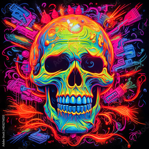 A neon skull with neon colors.