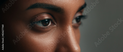 Canvastavla Eyes, face and skincare with a woman on a gray background in studio closeup for cosmetics