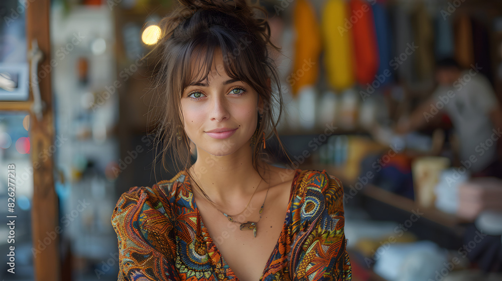 portrait of a woman in the city working at clothing store portrait of a woman in the city working at clothing store