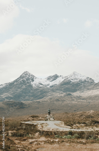 Statue of Collie & Mackenzie in Sligachan, with the Black Cuillins