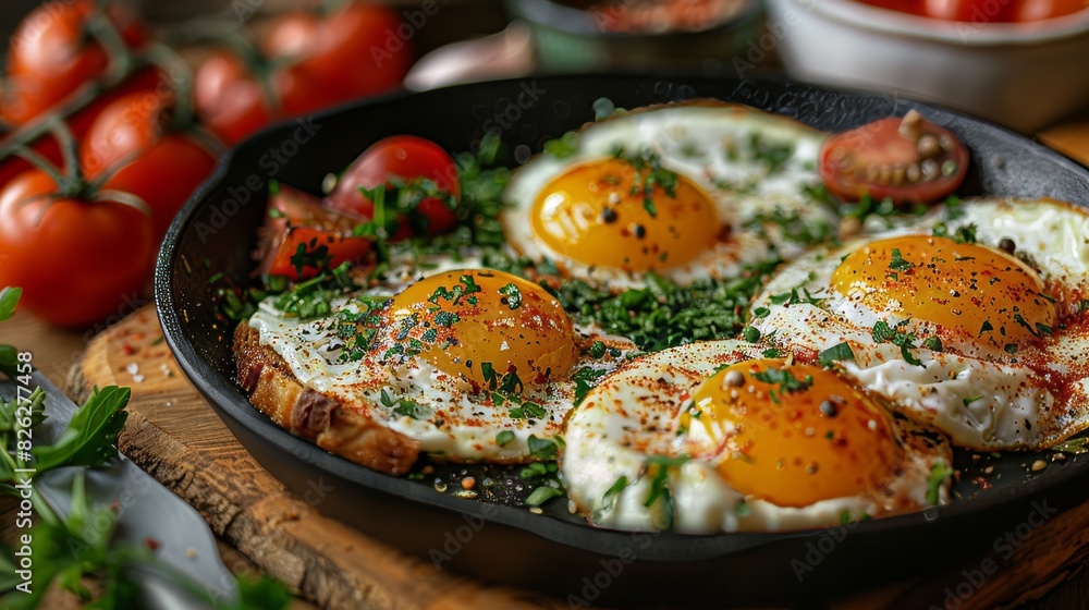 Fried eggs with yolk accompanied by cooked bread with delicious butter sweet. Fried eggs with yolk accompanied by cooked bread with delicious butter sweet.