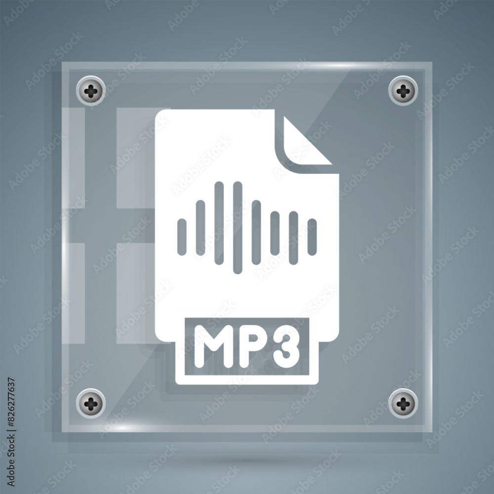 White MP3 file document. Download mp3 button icon isolated on grey background. Mp3 music format sign. MP3 file symbol. Square glass panels. Vector White MP3 file document. Download mp3 button icon isolated on grey background. Mp3 music format sign. MP3 file symbol. Square glass panels. Vector