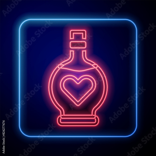 Glowing neon Bottle with love potion icon isolated on black background. Valentines day symbol. Vector