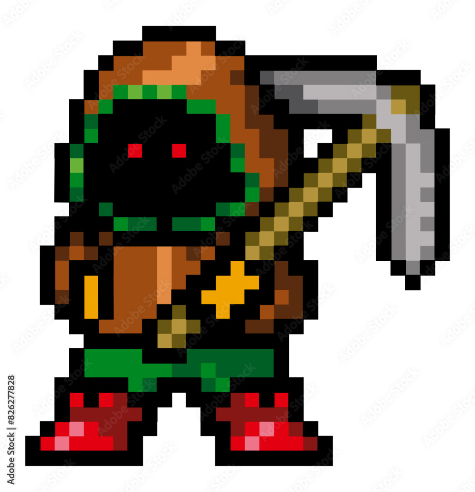 Game character dwarf, pixel graphics, 8 bits, vector image. Dwarf in the hood with the tool in his hand. Animated hero. Eyes glow, legs apart. It is painted in different colors: orange, green, brown. Game character dwarf, pixel graphics, 8 bits, vector image. Dwarf in the hood with the tool in his hand. Animated hero. Eyes glow, legs apart. It is painted in different colors: orange, green, brown.