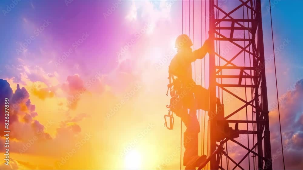 Construction worker climbing tower crane ladder at high-rise site in ...