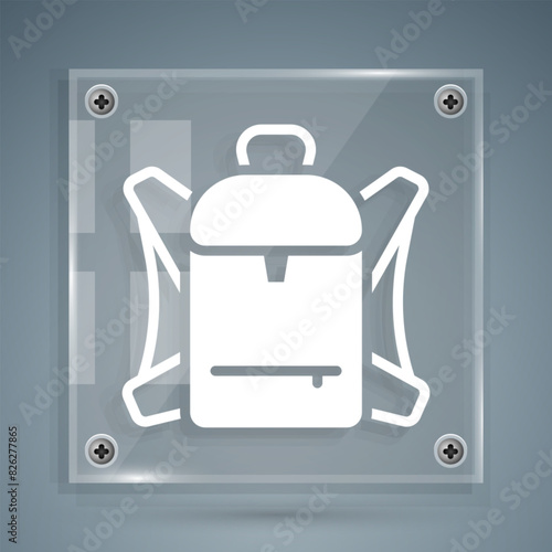 White Hiking backpack icon isolated on grey background. Camping and mountain exploring backpack. Square glass panels. Vector