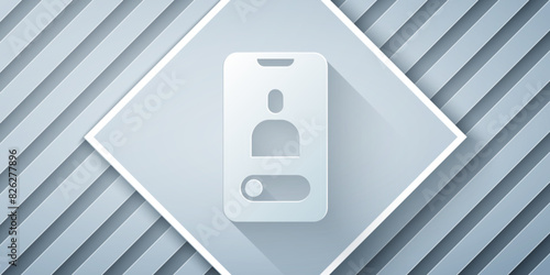 Paper cut Incoming call on mobile phone icon isolated on grey background. Friends call. Paper art style. Vector