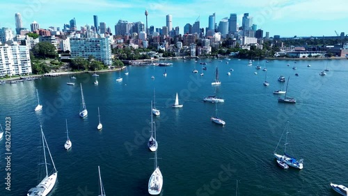 Landscape view of yachts sailboats in Potts Point port dock Woolloomooloo Sydney Harbour City skyline CBD Centre Point Tower Australia drone aerial photo