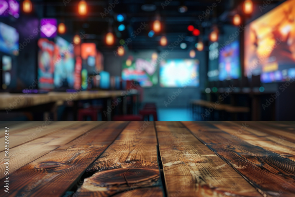 A wooden table in the foreground with a blurred background of a gaming café. The background features rows of gaming PCs, comfortable gaming chairs, colorful LED lights, and posters of popular games. A wooden table in the foreground with a blurred background of a gaming café. The background features rows of gaming PCs, comfortable gaming chairs, colorful LED lights, and posters of popular games.