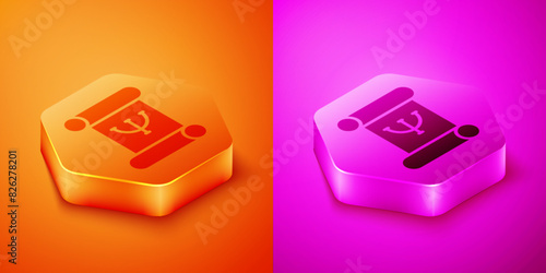 Isometric Psychology book icon isolated on orange and pink background. Psi symbol. Mental health concept, psychoanalysis analysis and psychotherapy. Hexagon button. Vector