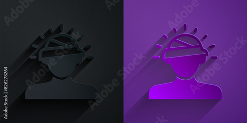 Paper cut Concussion, headache, dizziness, migraine icon isolated on black on purple background. Paper art style. Vector