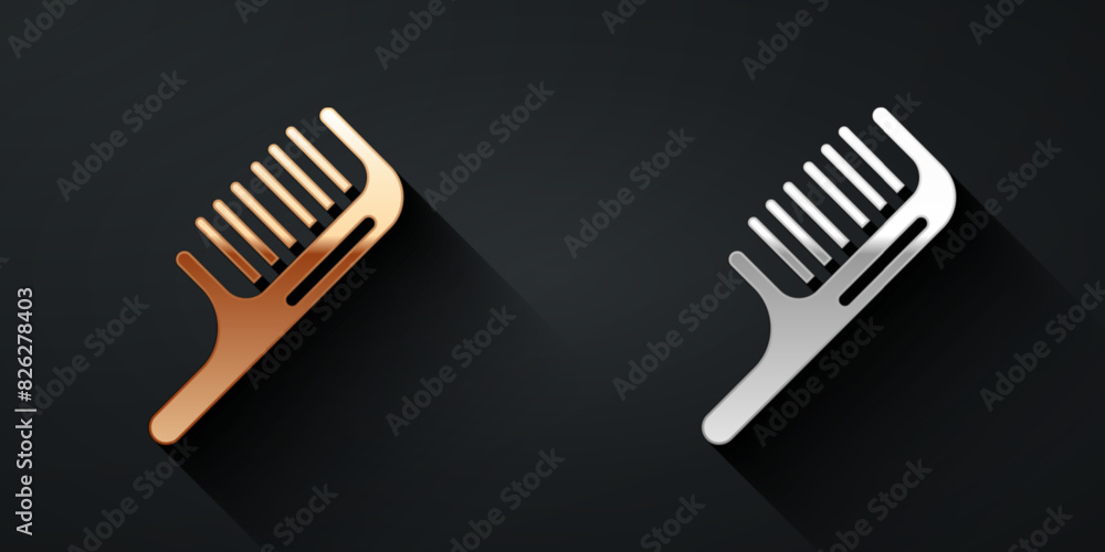 Gold and silver Hairbrush icon isolated on black background. Comb hair sign. Barber symbol. Long shadow style. Vector Gold and silver Hairbrush icon isolated on black background. Comb hair sign. Barber symbol. Long shadow style. Vector