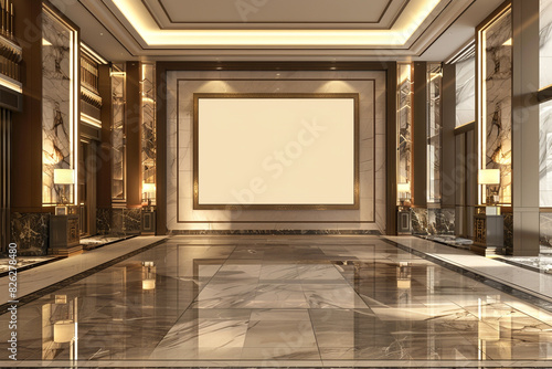 Elegant 3D rendered hotel lobby with a blank billboard for luxury brand ads  featuring a light border.