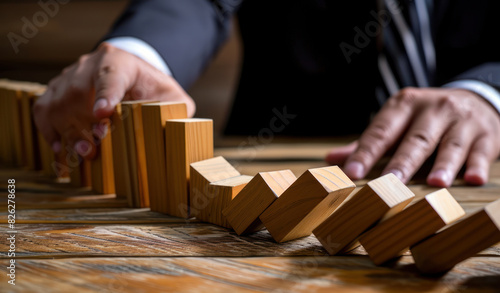 Businessman stops domino falling. Strategy development. Debt restructuring. Risk management concept. Successful strong business and problem solving. Reliable leader. Stop the destructive processes.