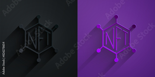Paper cut NFT blockchain technology icon isolated on black on purple background. Non fungible token. Digital crypto art concept. Paper art style. Vector