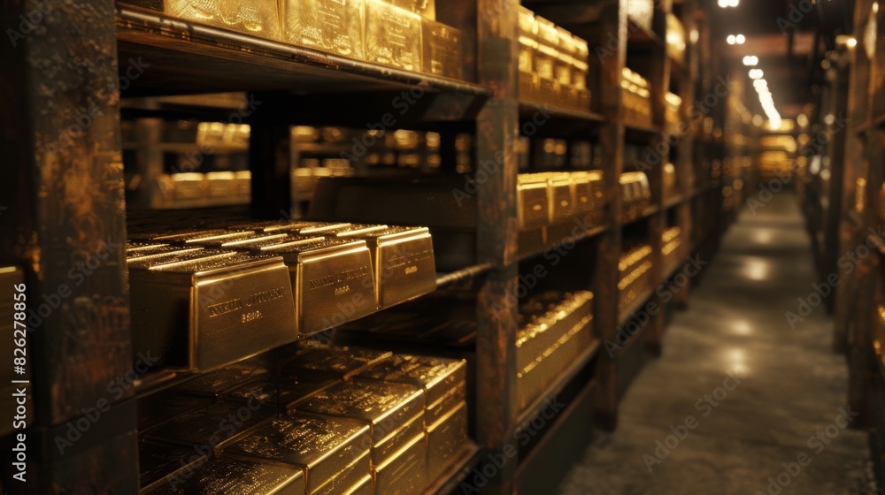 Numerous shelves stacked with gleaming gold bars lined up in a row, highlighting the sheer quantity and value of the precious metal.