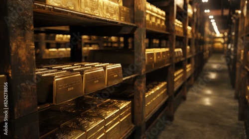 Numerous shelves stacked with gleaming gold bars lined up in a row, highlighting the sheer quantity and value of the precious metal.