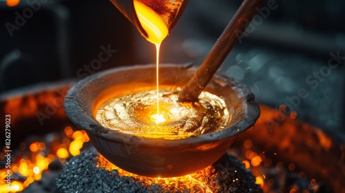 Molten metal is being carefully poured from a crucible into a mold at a foundry during the evening, glowing hot.
