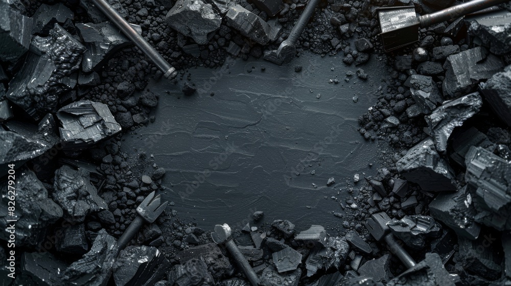 Industrial background featuring broken coal pieces and tools in a mining setting