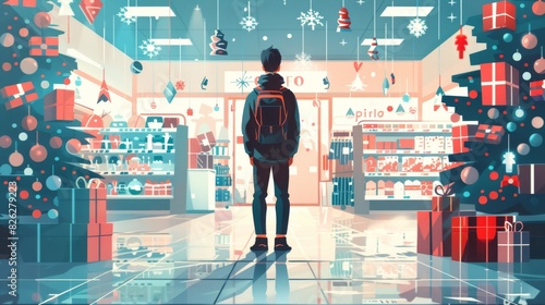 Man standing in a store filled with many Christmas decorations. flat vector illustration, color and constract color, simplistic art on white background  photo