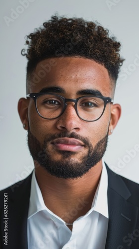 portrait young man of African descent with dark complexion, sporting short, wavy, curly hair, neatly trimmed beard, and glasses