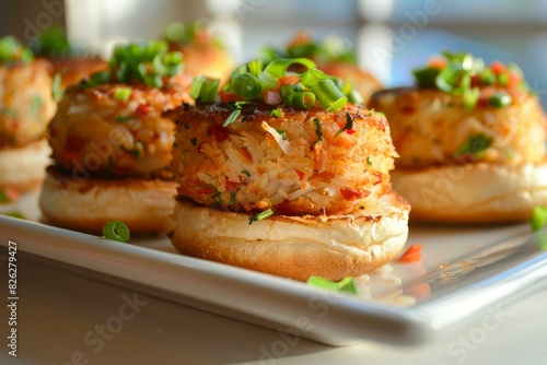 Delectable crab cake sliders garnished with green onions on a modern white plate
