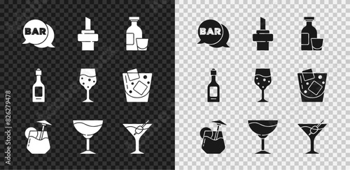 Set Street signboard with Bar, Wooden cork for wine, Alcohol drink Rum, Cocktail, Wine glass, Martini, Champagne bottle and Glass of champagne icon. Vector
