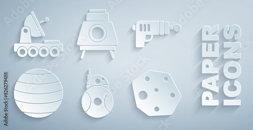 Set Robot, Ray gun, Planet Venus, Asteroid, Mars rover and icon. Vector