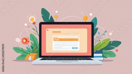 flat illustration of light bulb idea, business themed laptop