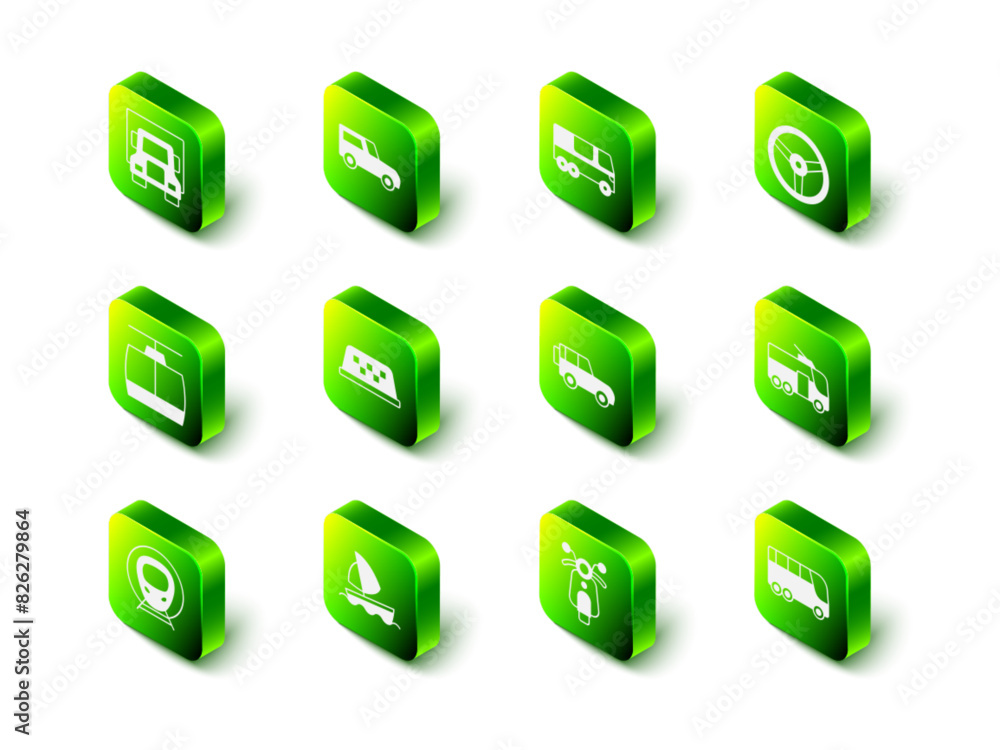 Set Car, Bus, Steering wheel, Trolleybus, Off road car, Scooter and Yacht sailboat icon. Vector Set Car, Bus, Steering wheel, Trolleybus, Off road car, Scooter and Yacht sailboat icon. Vector