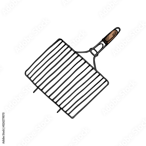 Hand-drawn colored vector sketch of barbecue grill, grill grate, BBQ grill grid. Doodle vintage illustration. Decorations for the menu of cafes and labels. Engraved image.
