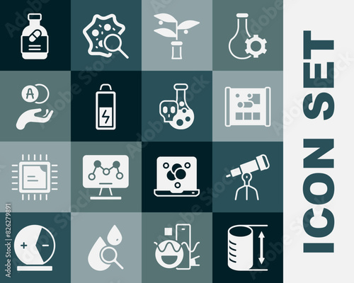 Set Height geometrical figure, Telescope, Graphing paper for engineering, Plant breeding, Battery, Atom, Medicine bottle and pills and Test tube with toxic liquid icon. Vector