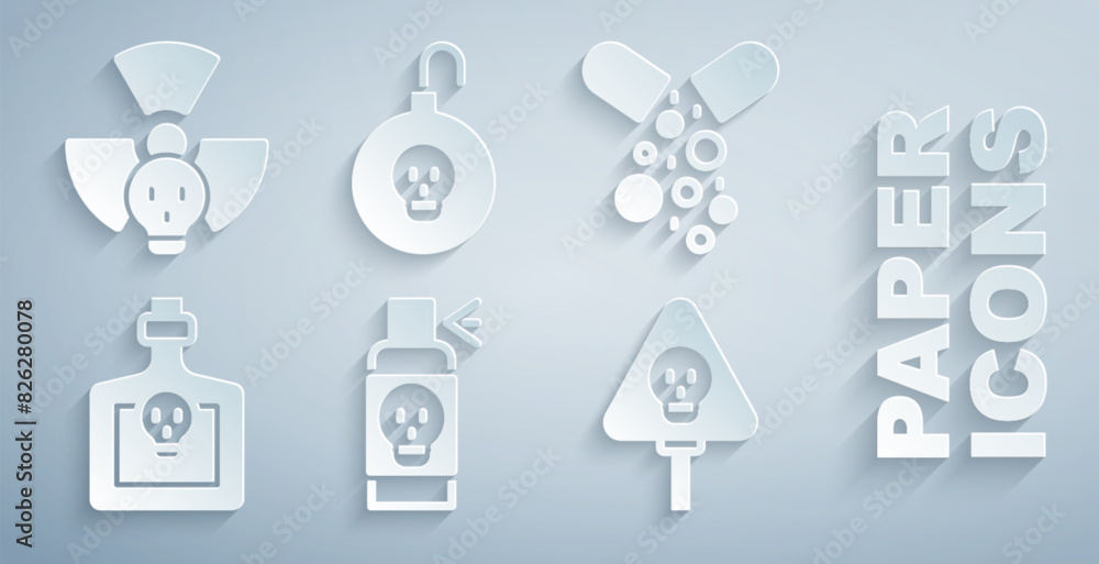 Set Spray against insects, Poisoned pill, Bottle with potion, Bones and skull, Nuclear bomb and Radioactive icon. Vector Set Spray against insects, Poisoned pill, Bottle with potion, Bones and skull, Nuclear bomb and Radioactive icon. Vector