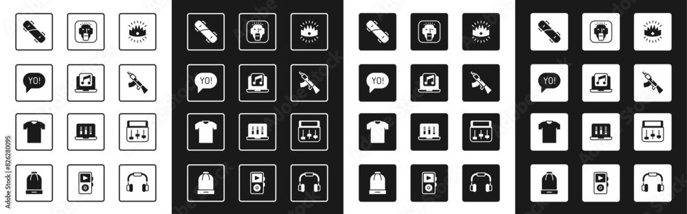 Set King crown, Laptop with music, Yo slang lettering, Skateboard, Submachine gun, Rapper, Drum and T-shirt icon. Vector Set King crown, Laptop with music, Yo slang lettering, Skateboard, Submachine gun, Rapper, Drum and T-shirt icon. Vector