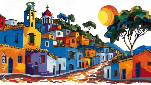 mexican village simple lines, illustration simplistic vector art, on white background
