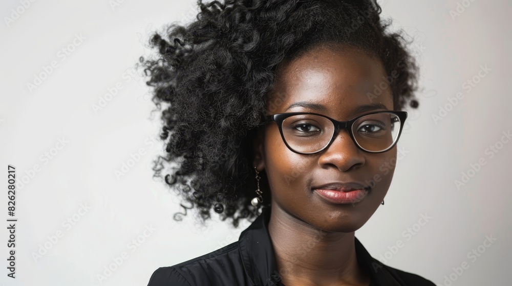 portrait smiling woman of African descent with dark complexion, sporting short, wavy, curly hair and glasses portrait smiling woman of African descent with dark complexion, sporting short, wavy, curly hair and glasses