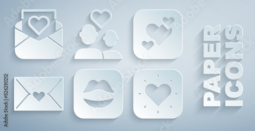 Set Smiling lips, Heart, Envelope with Valentine heart, Lover couple and icon. Vector
