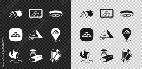 Set Gold nugget, Safe with gold bars, ring, Molten being poured, coin, and mine icon. Vector