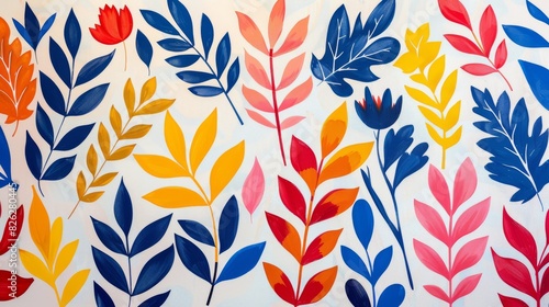 on a white background in the style of a matisse paper cutout we see a repeating pattern with leaves and flowers 