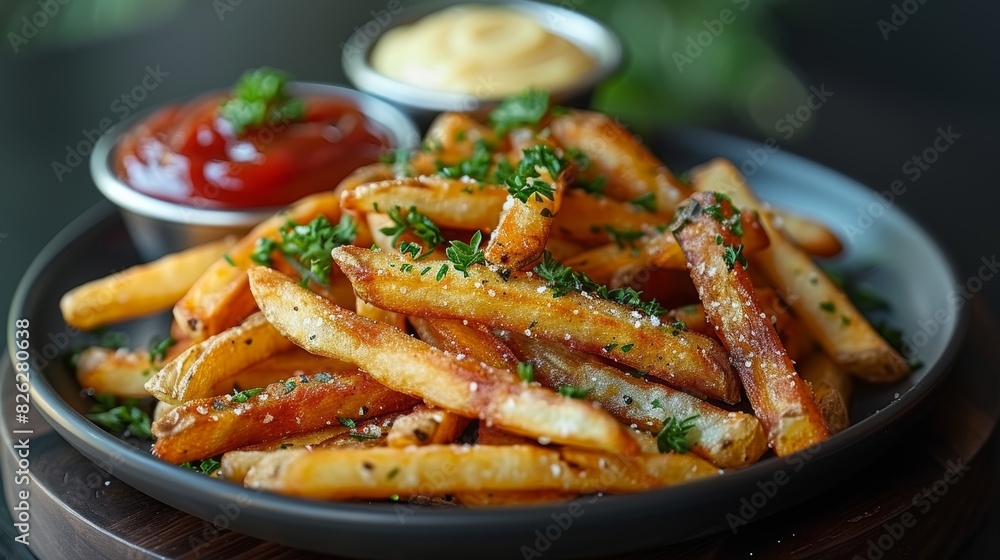 Plate of French fries with small plate of Ketchup and small plate of mayonnaise Plate of French fries with small plate of Ketchup and small plate of mayonnaise