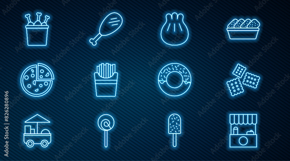 Set line Street stall with awning, Cracker biscuit, Khinkali on cutting board, Potatoes french fries box, Pizza, Chicken leg package, Donut and icon. Vector Set line Street stall with awning, Cracker biscuit, Khinkali on cutting board, Potatoes french fries box, Pizza, Chicken leg package, Donut and icon. Vector