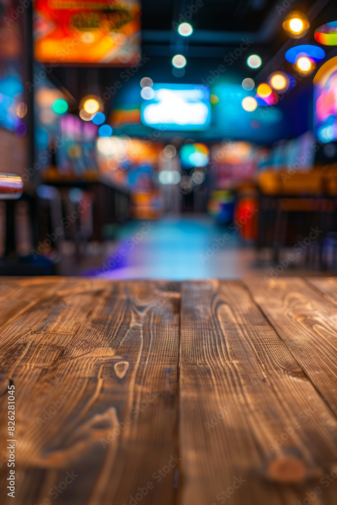 A wooden table in the foreground with a blurred background of a gaming café. The background features rows of gaming PCs, comfortable gaming chairs, colorful LED lights, and posters of popular games. A wooden table in the foreground with a blurred background of a gaming café. The background features rows of gaming PCs, comfortable gaming chairs, colorful LED lights, and posters of popular games.